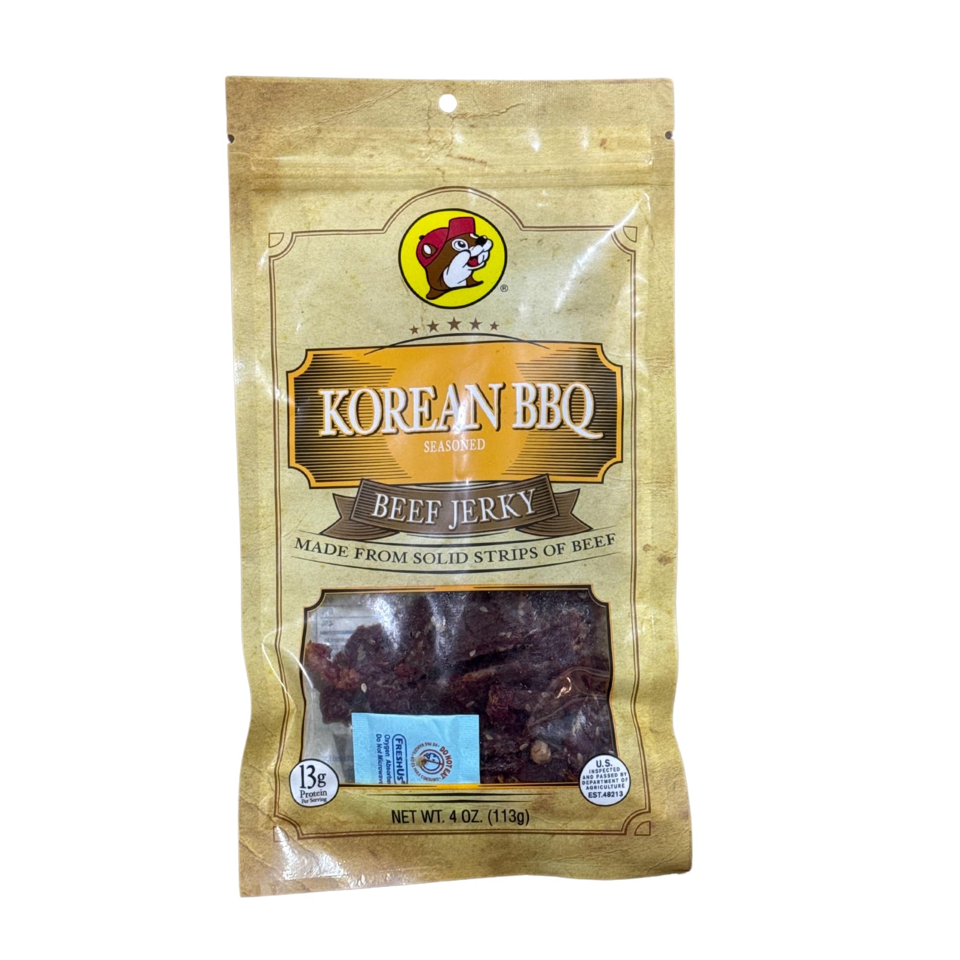 Buc-ees Korean BBQ Flavored Beef Jerky – 100% Lean, 10g Protein – 4 Ounce Bag – Red