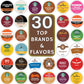 Top Brand Name K-Cup Variety Pack Sampler, Includes 30 Unique Pods Flavored & Unflavored Dark, Medium & light Roast, Includes Du