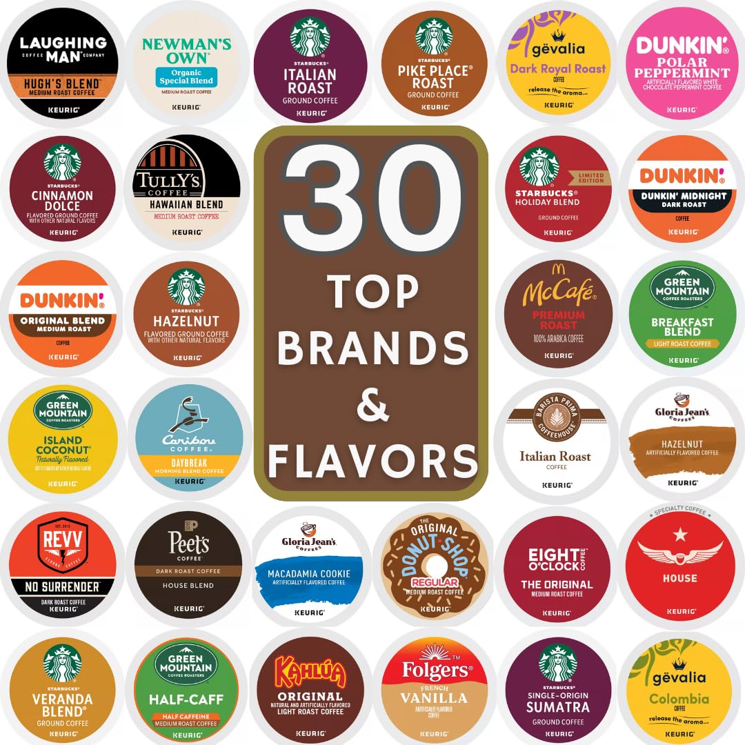 Top Brand Name K-Cup Variety Pack Sampler, Includes 30 Unique Pods Flavored & Unflavored Dark, Medium & light Roast, Includes Du