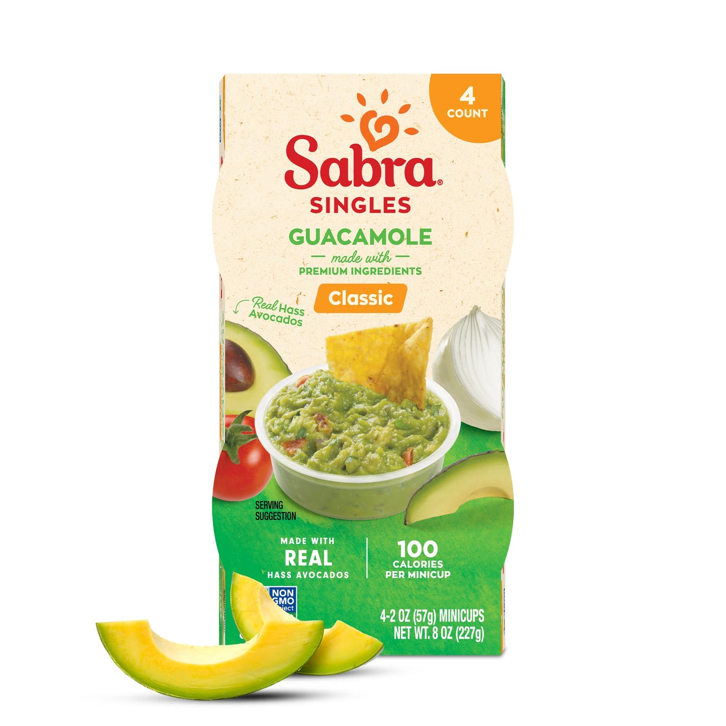 Sabra Classic Guacamole Dip Cups for On the Go Snacks & Lunches, 2 Oz Singles (Pack of 4) - Made with Real Hass Avocado - Non-GM