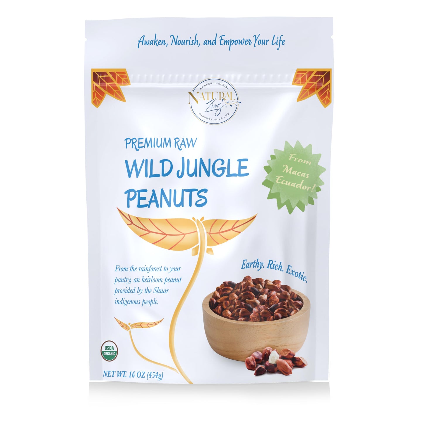 Natural Zing Raw OrganicWild Jungle Peanuts - 8 oz | Healthy Organic Heirloom Peanuts | Rare, Non-Hybridized Ecuadorian Variety 