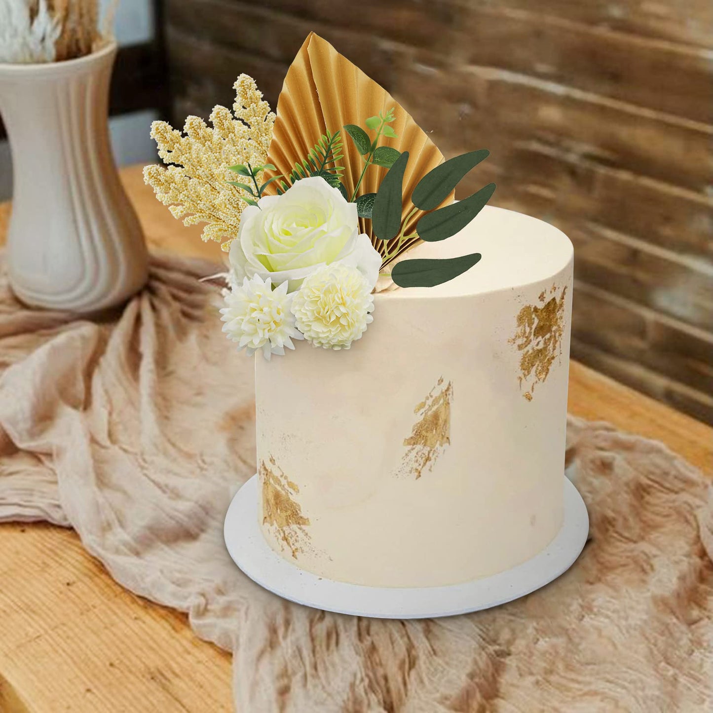 Lukinuo 16Pcs Boho Cake Topper Decoration Flower Cake Topper Gold Palm Leaves Cake Decoration White Rose Carnation Eucalyptus Wi