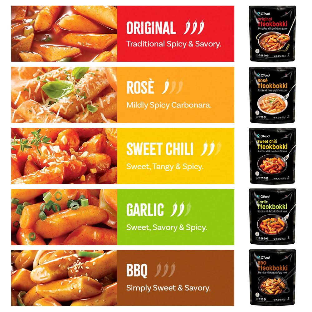 Chung Jung One O'Food Tteokbokki Variety Pack, Pack Of 5, Instant Korean Rice Cakes, Authentic Spicy Street Food, Ready To Eat,