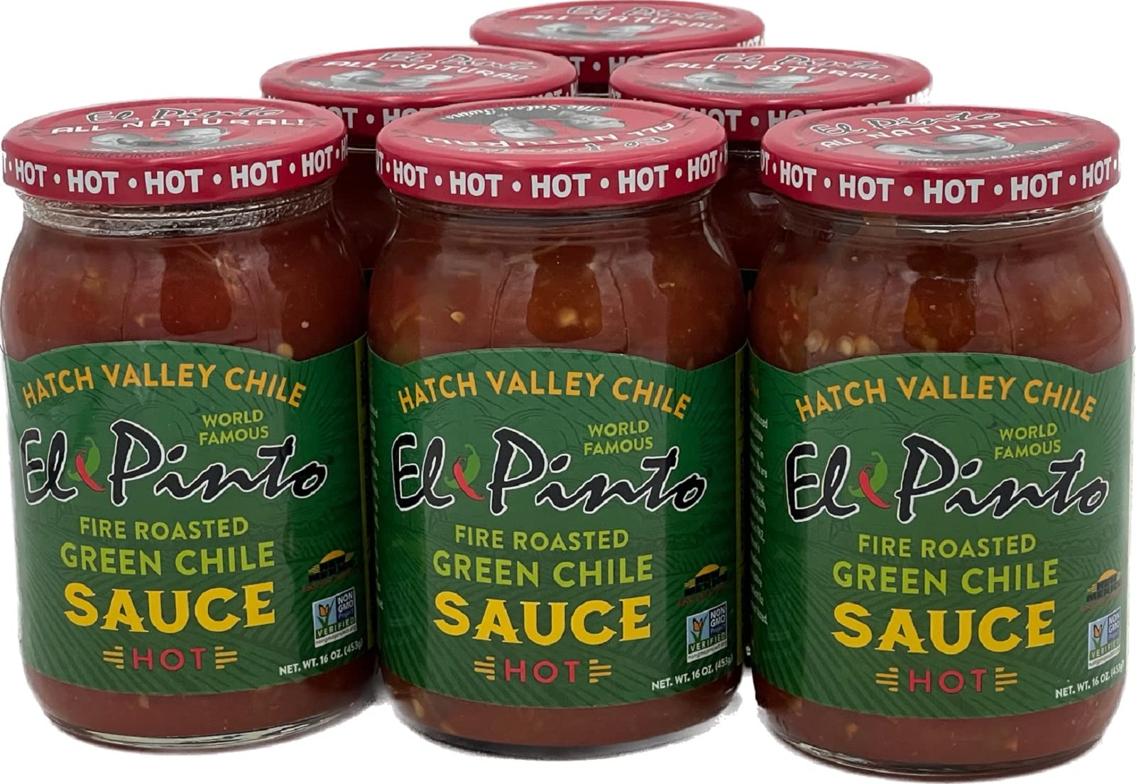 El Pinto All Natural Green Chile Sauce Hot, 16 Oz (Pack Of 6)