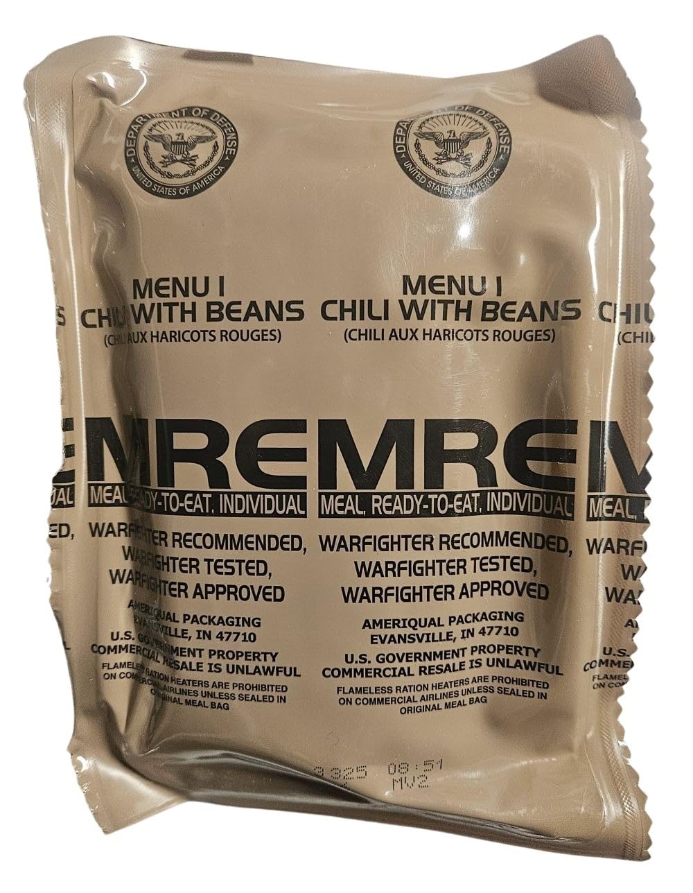 EPIDEMIC PROOF Genuine USGI MRE Meal, Ready to Eat Chili with Beans, 24 oz, Inspection Date 01/2026 or Newer, New Packaging