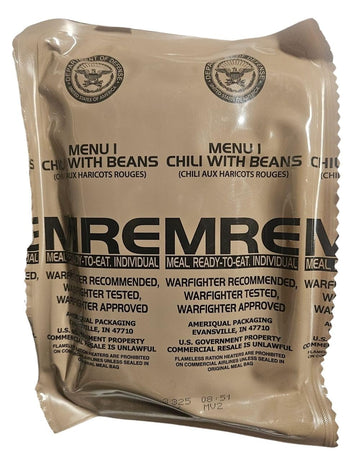 EPIDEMIC PROOF Genuine USGI MRE Meal, Ready to Eat Chili with Beans, 24 oz, Inspection Date 01/2026 or Newer, New Packaging