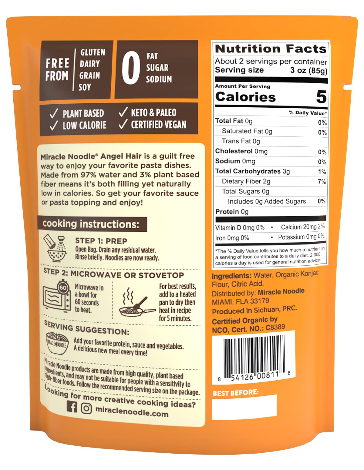 Miracle Noodle Organic Ready To Eat Angel Hair Style Noodle, Plant Based, Gluten Free, Shirataki Rice, Keto And Paleo Friendly, 7 Ounce (Pack Of 6)