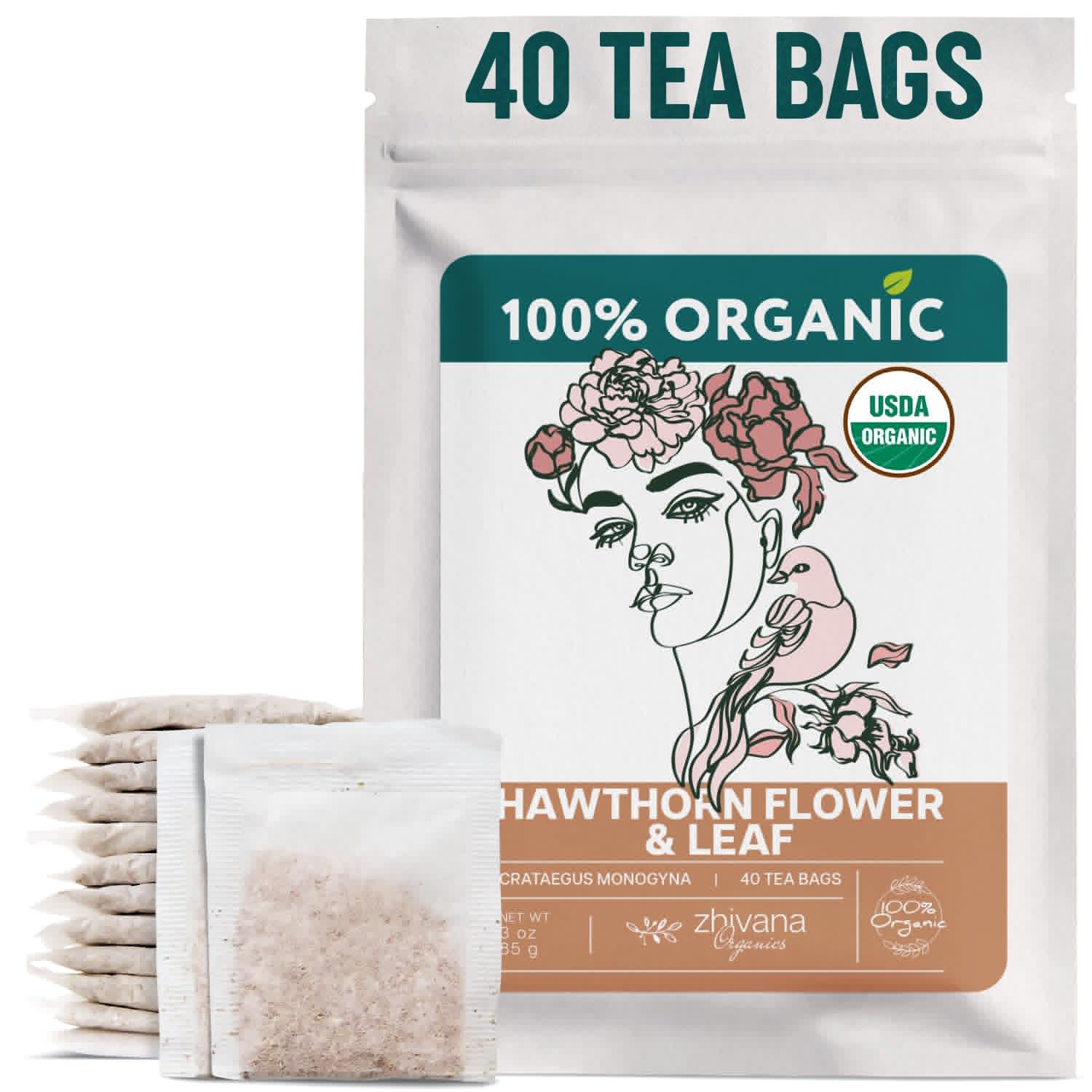 Hawthorn Tea Organic (40 Tea Bags) - Hawthorn Leaf Tea - Hawthorne Teabags For Pressure Balance  Heart Health - Hojas De Espino Blanco