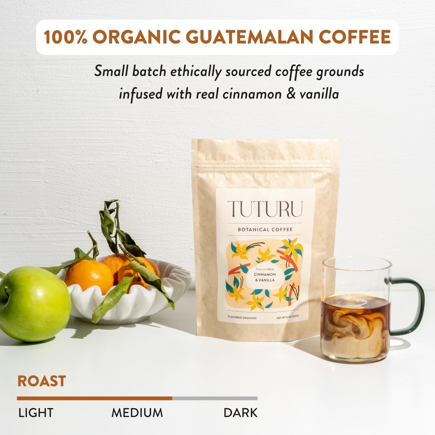 TUTURU Botanical Coffee Organic Cinnamon Vanilla Ground Coffee - Medium Roast, Low Acid - 8 oz, 22 Servings
