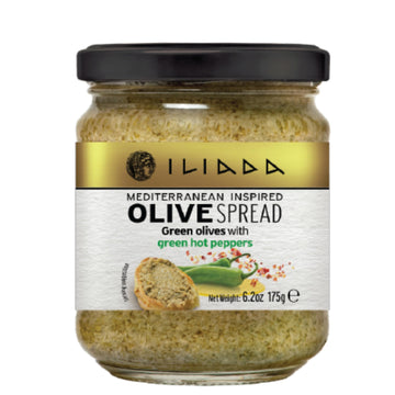Iliada Green Olive Spread with Green Hot Peppers, 175g - Authentic Greek Tapenade with Extra Virgin Olive Oil & Spices