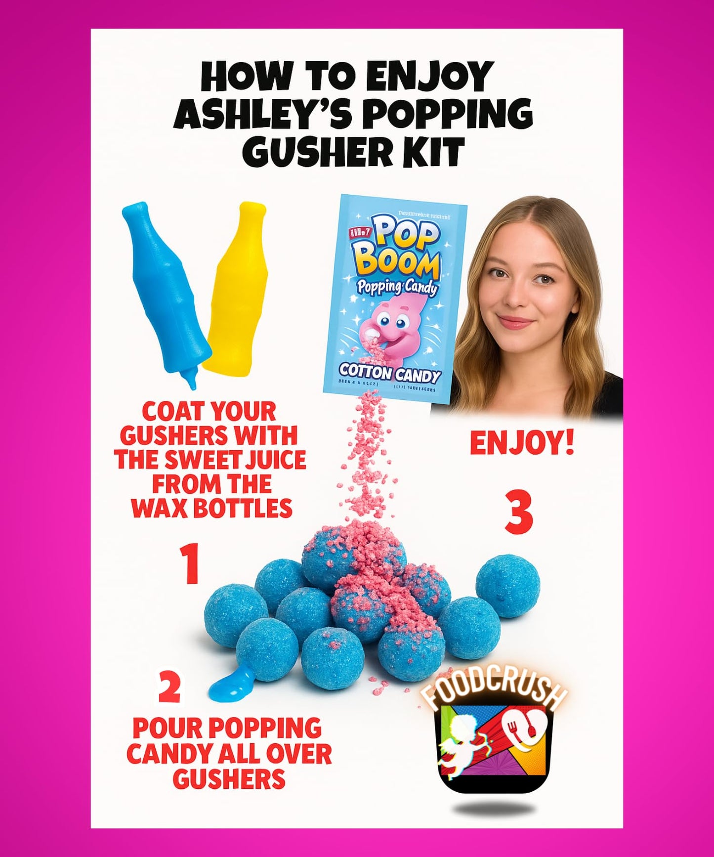 Ashley Dashley s-Popping Cotton Candy Gushers Kit-(3/4 LB) Juicy Gummies Coated W/Cotton Cqndy Crunch, Wax Bottles + Fizzing Ca