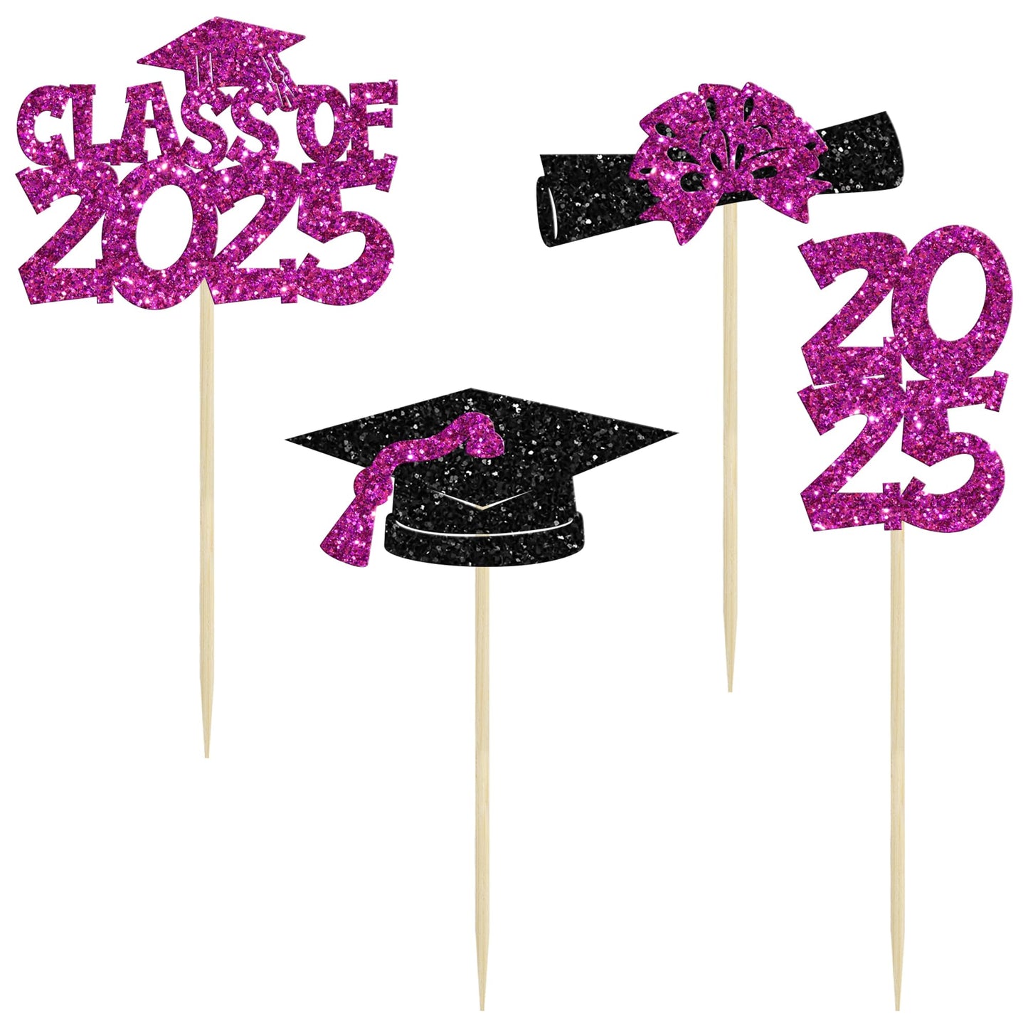 Ephlyn Graduation Cupcake Toppers, 36Pcs Glitter Class of 2025, Purple Graduation Cap & Diploma Picks for Party Decorations