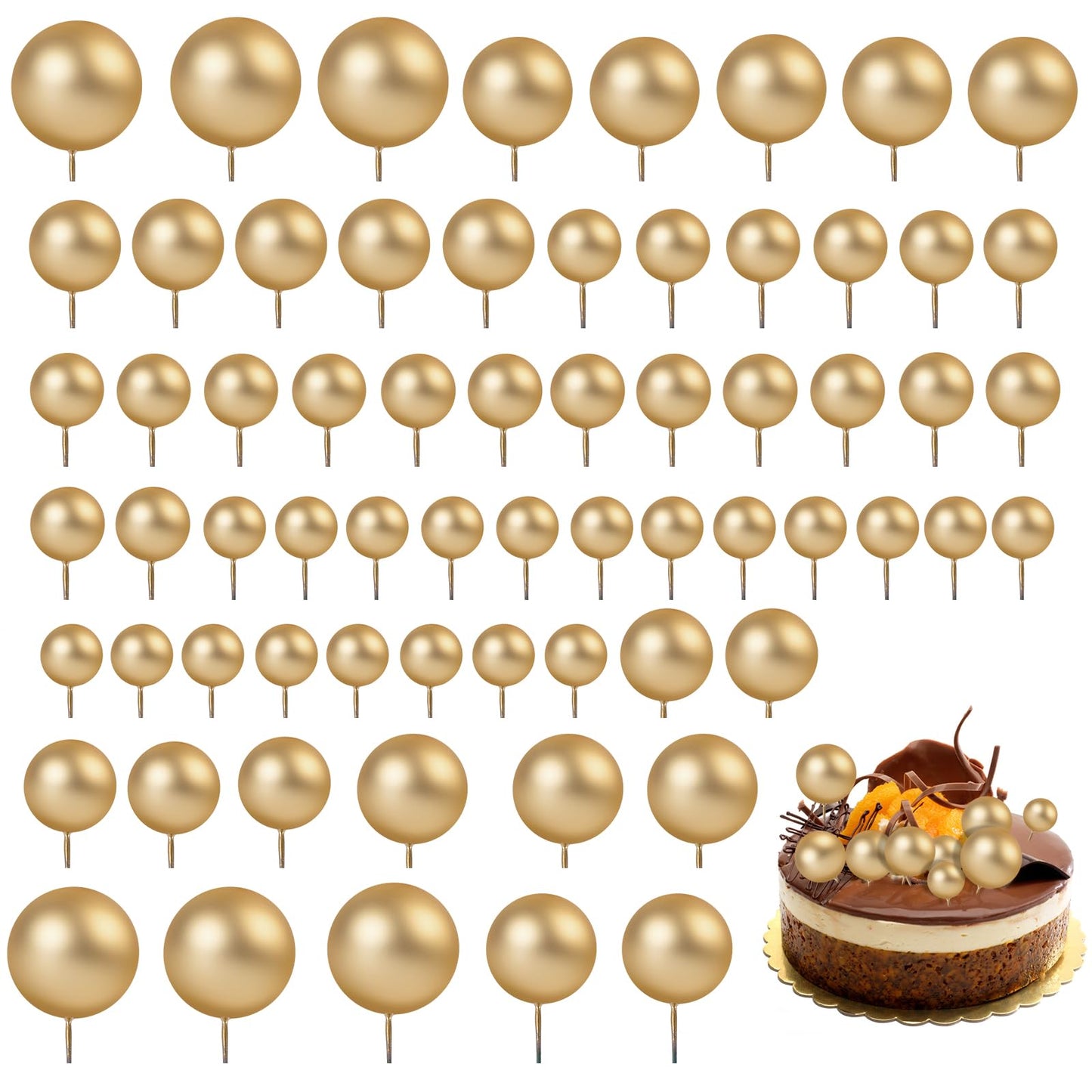 66 Pcs Gold Cake Balls for Decorating - 4 Size Round Ball Cake Topper, Foam Decorations, Balloon Cupcake Toppers for Wedding Bir
