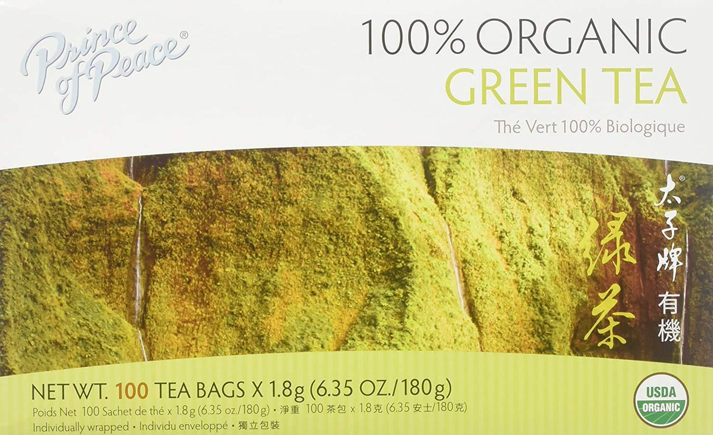 Prince Of Peace Organic Green Tea, 100 Tea Bags, Unsweetened, Lower Caffeine Alternative, 100 Count