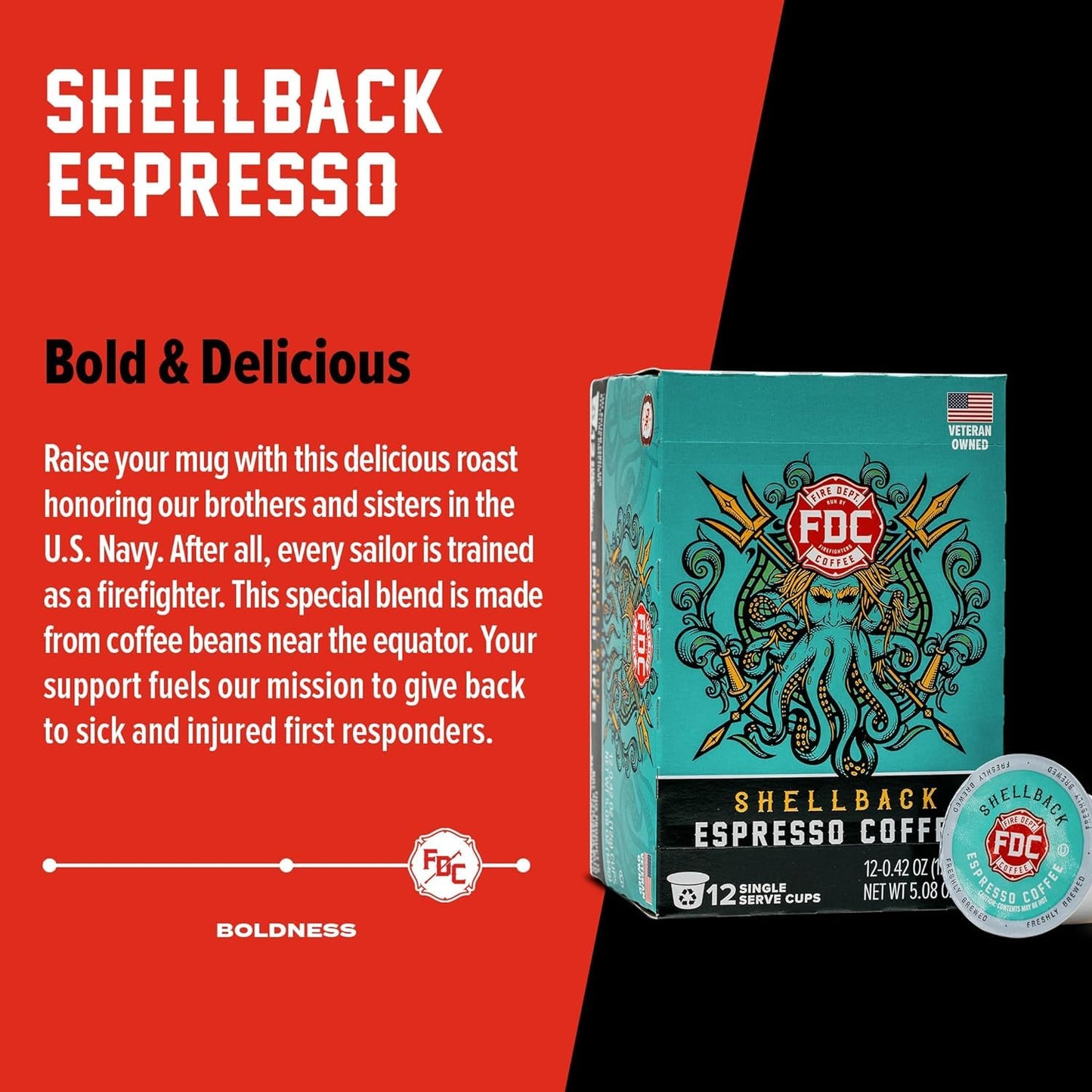 Fire Department Coffee Shellback Espresso Pods - Bold & Smooth - 24 Single K Cups - Veteran Owned - Roasted in the USA