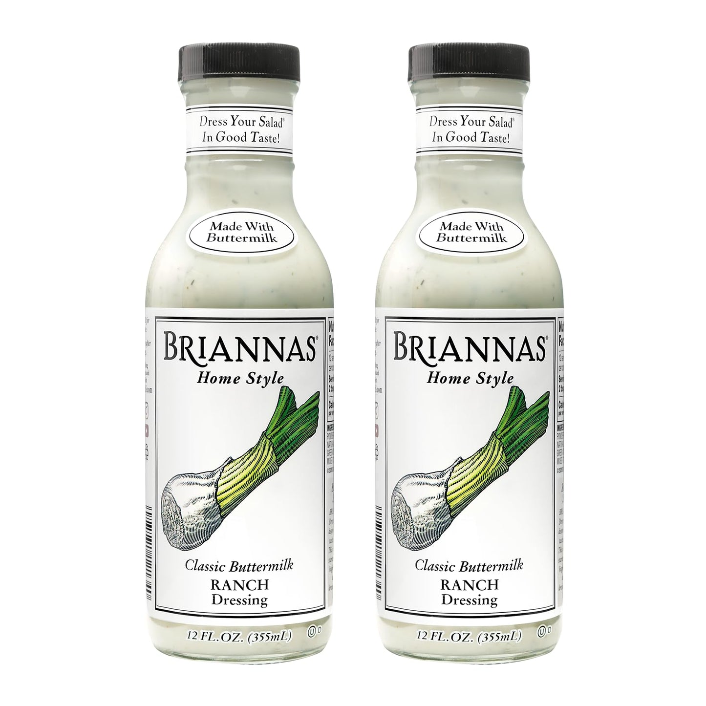 Briannas - Home Style Classic Buttermilk Ranch Dressing - Fine Salad Dressing Made With Top-Grade Ingredients - Gluten Free  Kosher  & Low Sugar Dressing - 12 Oz. Bottles - 2 Pack