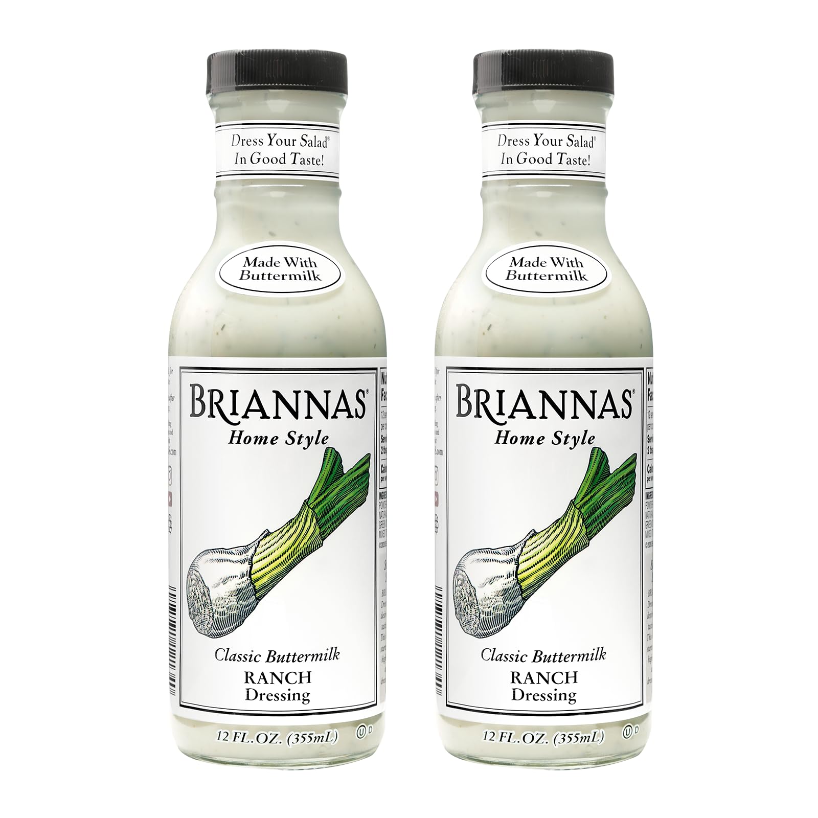Briannas - Home Style Classic Buttermilk Ranch Dressing - Fine Salad Dressing Made With Top-Grade Ingredients - Gluten Free  Kosher  & Low Sugar Dressing - 12 Oz. Bottles - 2 Pack