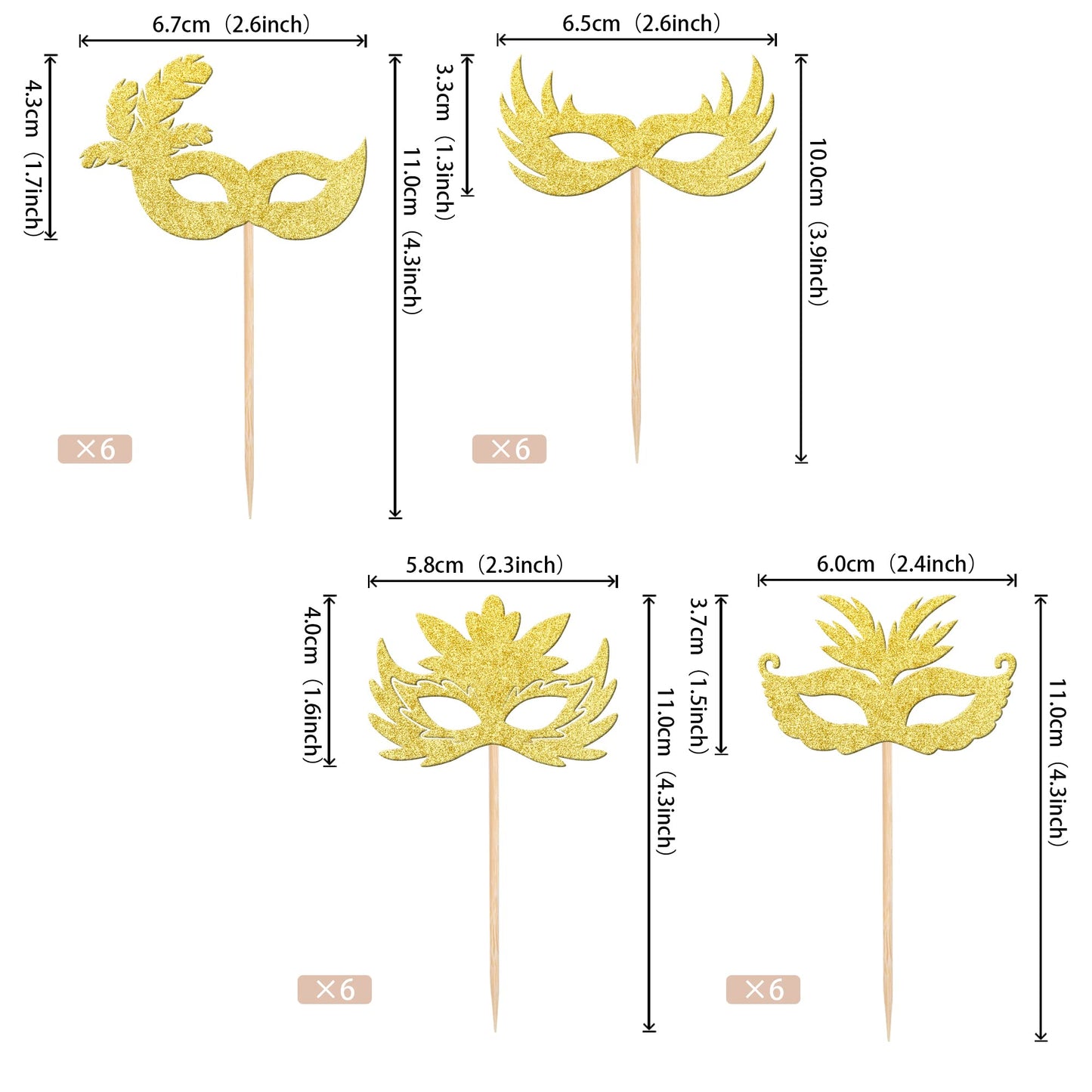 Rssta i Masquerade Masks Cupcake Toppers, 36 Pack, Glitter, Gold, Design 1, Paper, Mardi Gras, Bachelorette, Baby Shower Party Supplies