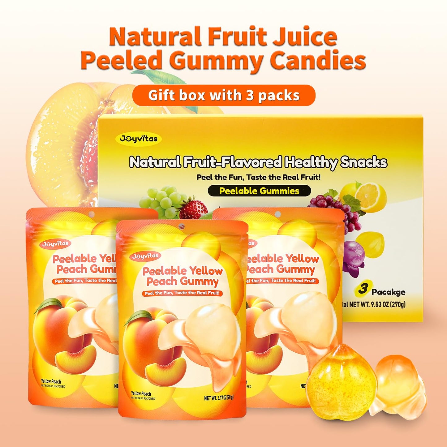 Joyvitas Peelable Gummy Yellow Peach Candy, Low Sugar & Low Calorie, 3 Pack (9.53oz) - Perfect for Stocking Stuffers & Gifts