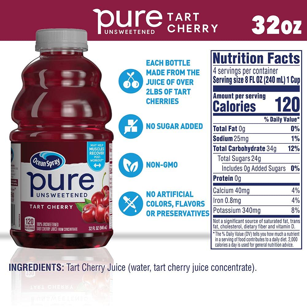 Ocean Spray Pure Unsweetened Tart Cherry Juice, 100% Juice, 32 Fl Oz Bottle, Pack of 8