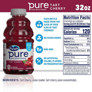 Ocean Spray Pure Unsweetened Tart Cherry Juice, 100% Juice, 32 Fl Oz Bottle, Pack of 8