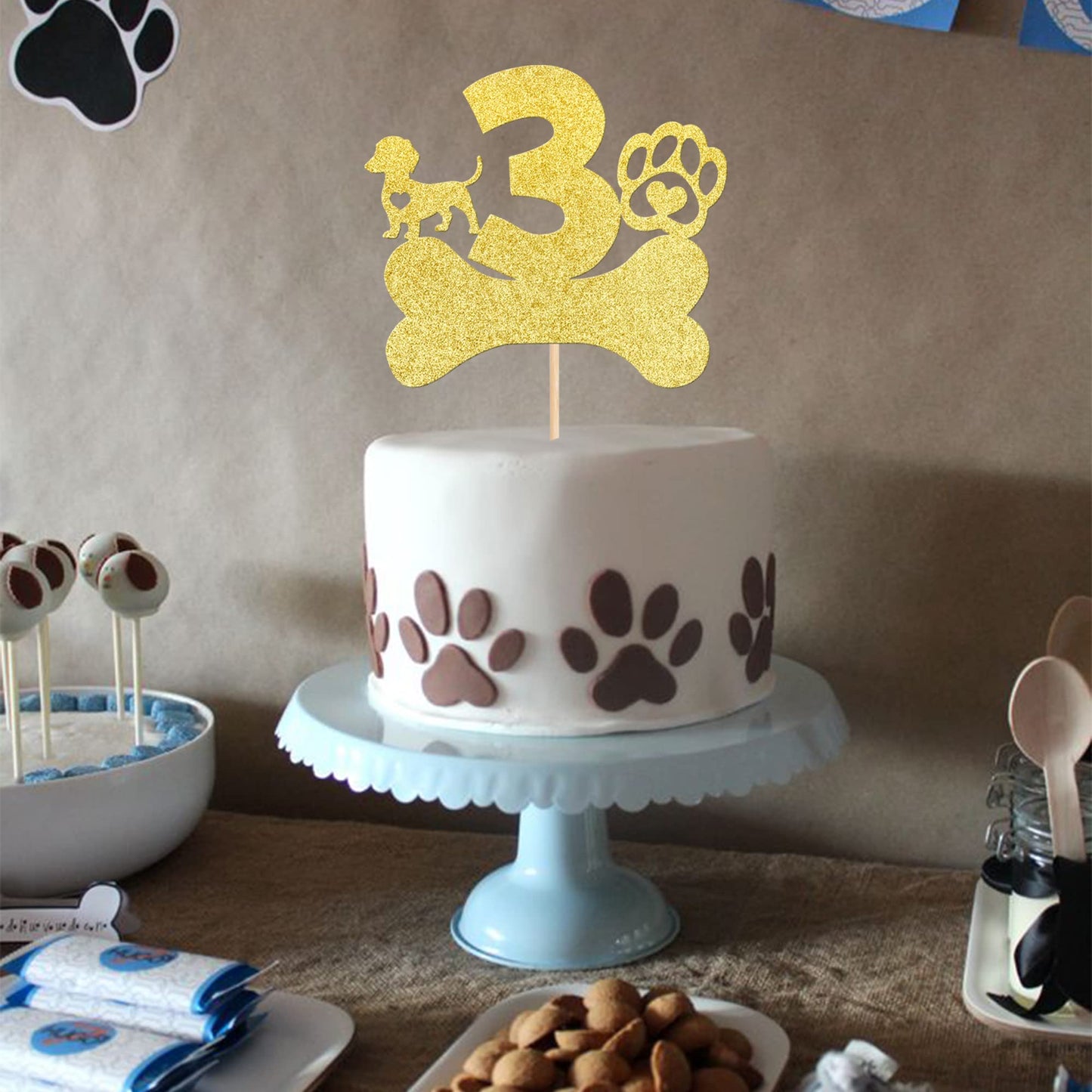 1 Pcs 3Rd Birthday Cake Topper With Gold Glitter Dog Paw Three Years Old Birthday Cake Pick Puppy Dog Bone Cake Decorations For