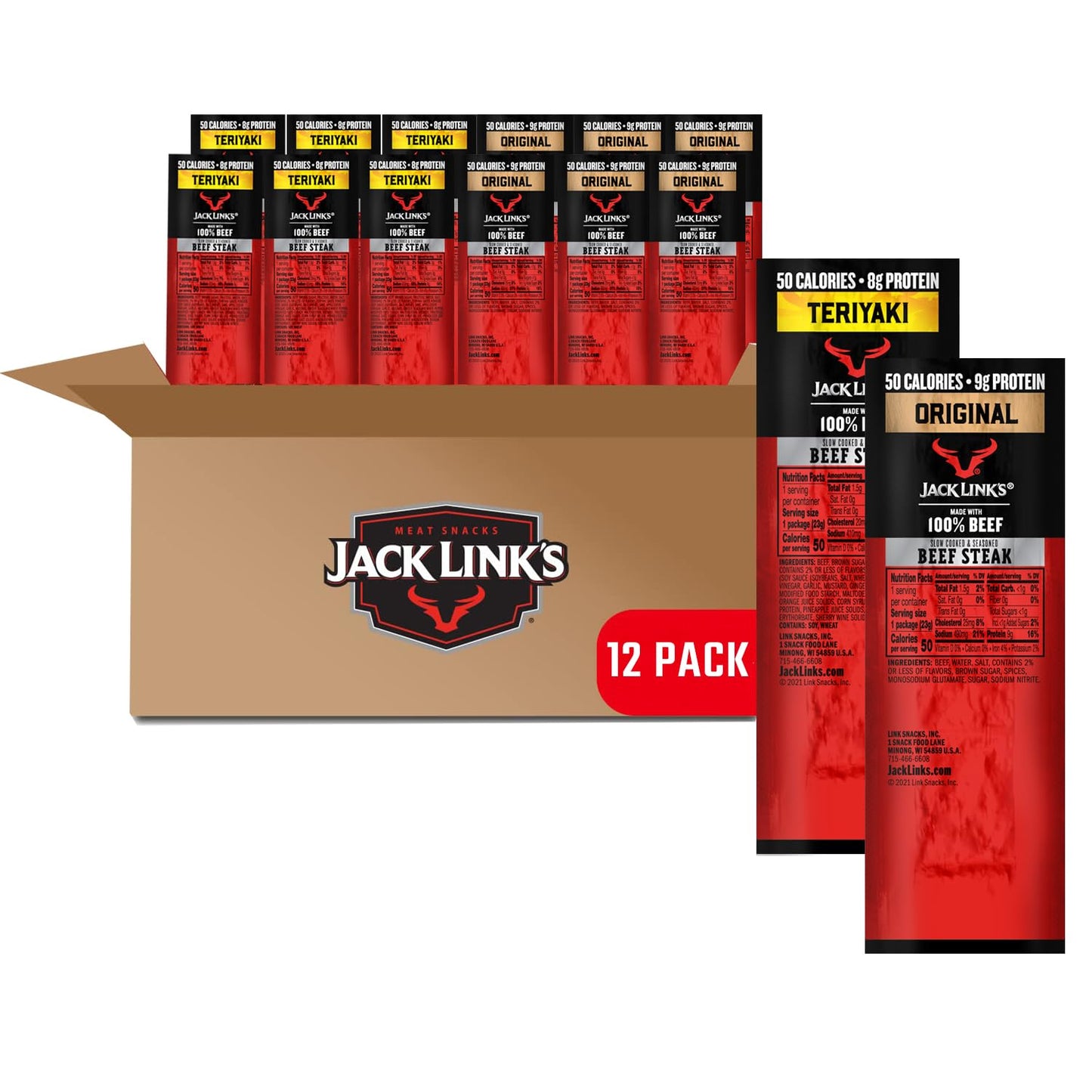 Jack Links Beef Steak Snacks, Original & Teriyaki, 0.8 Oz. (12 Count), Protein-Rich Meat Snack, Individually Wrapped