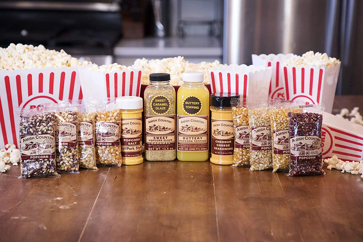 Amish Country Popcorn | 8-4 Ounce Variety Gift Set With Buttery Topping, Sweet Caramel Glaze, Ballpark Salt & Cheddar Cheese Sea