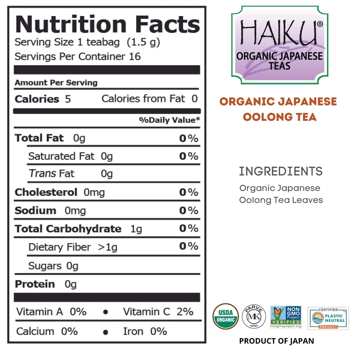 Haiku Organic Japanese Oolong Tea, Non-Gmo, Kosher, Usda Organic, 1 Box (16 Teabags)