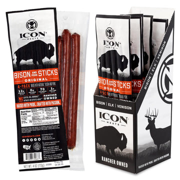 Icon Meats Bison And Pork Snack Sticks - Original Flavor - 6 Packs Per Box, 4 Sticks Per Pack, All Natural Jerky Meat Sticks, Us