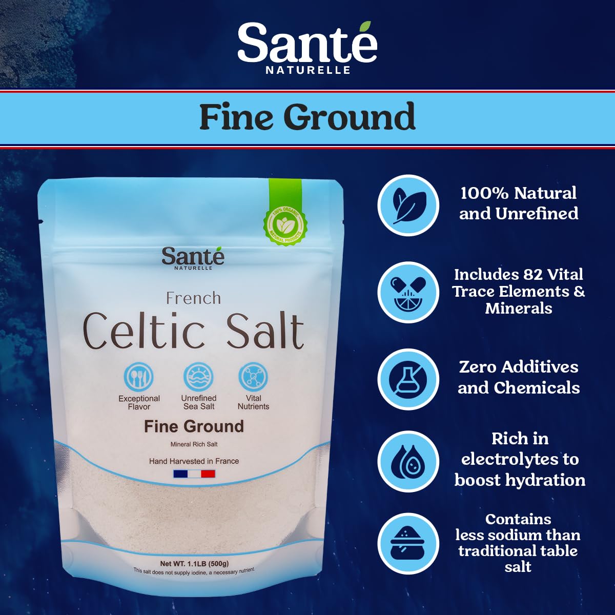 Sante Naturelle Celtic Salt Fine Ground Sea Salt - 1.1lb (18oz) Pack of 3  Unrefined Organic French Sea Salt  Rich in 82+ Minerals Salt  100% Natural & Hand Harvested Sal Celtica