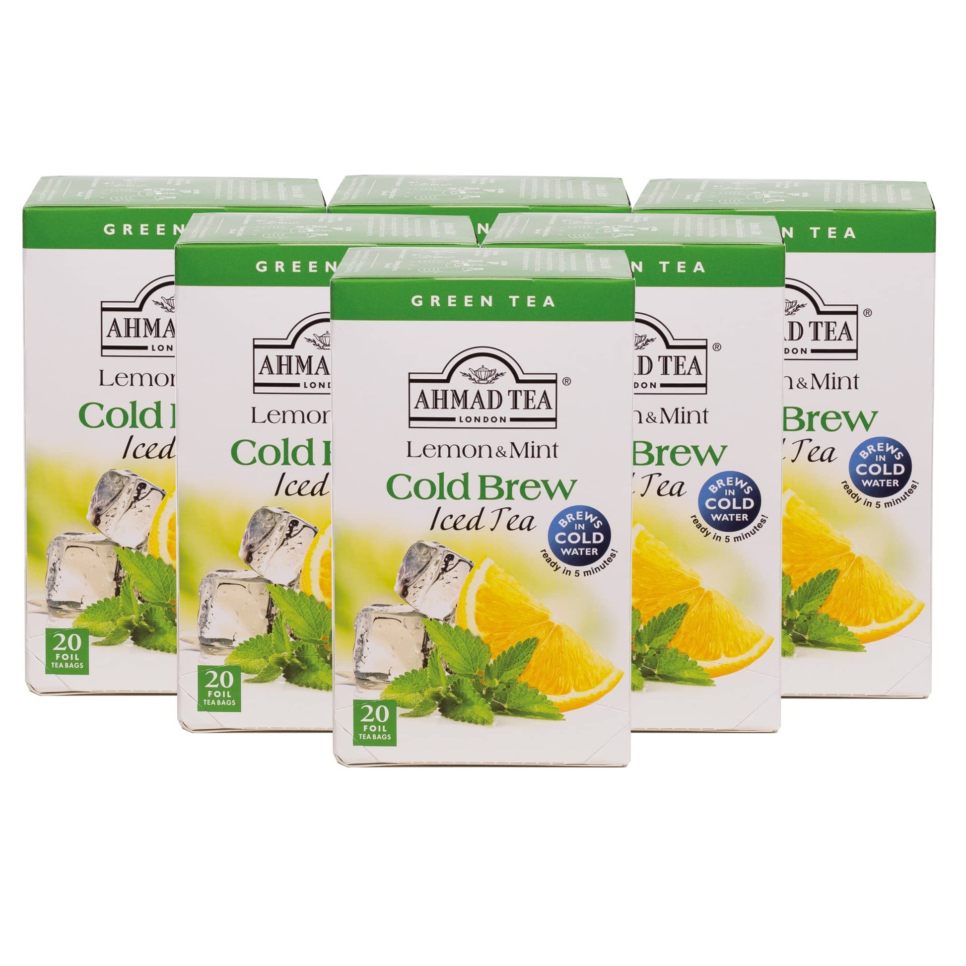 Ahmad Tea Green Tea, Cold Brew Lemon and Mint Teabags, Iced Tea, 20 ct (Pack of 6) - Caffeinated and Sugar-Free