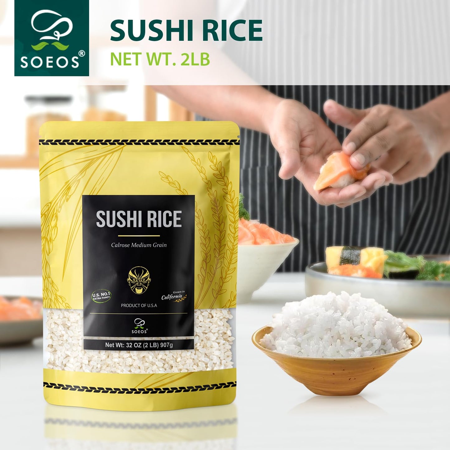 Soeos Sushi Rice, Medium Grain, White Sticky Rice For Sushi Rolls And Japanese Food, Calrose Rice, 2 Pound (32 Ounce)