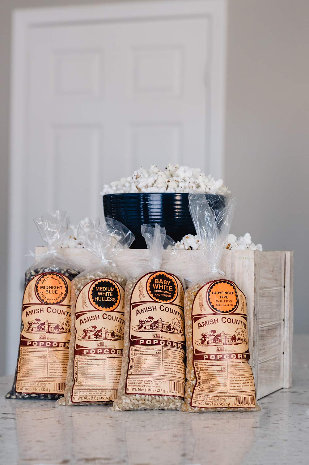 Amish Country Popcorn | 4-1 Lb Bags | Variety Pack | 1 Lb Baby White -1 Lb Medium White - 1 Lb Ladyfinger And 1 Lb Midnight Blue