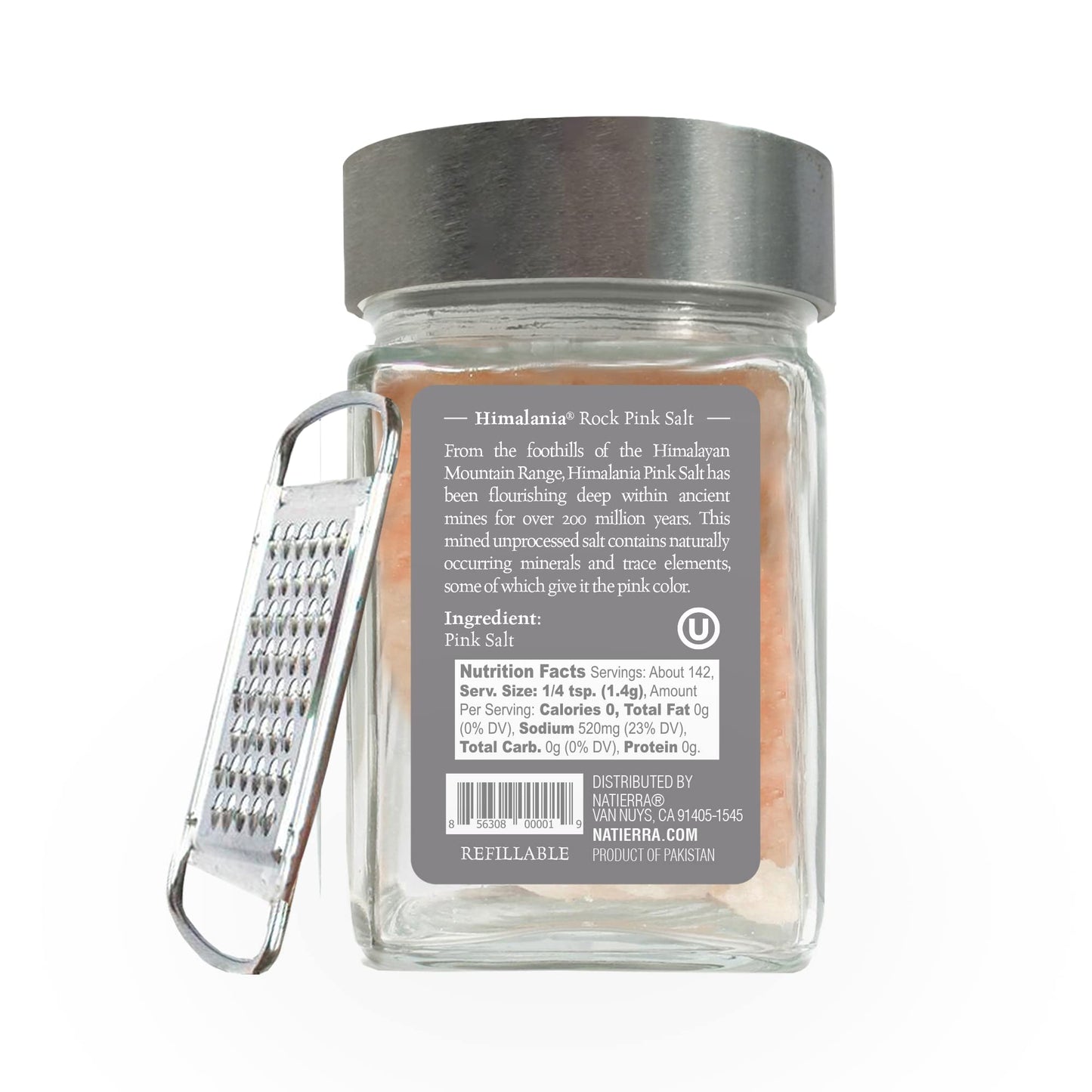 NATIERRA Himalania Himalayan Rock Pink Salt Glass Jar with Grater | Unrefined & Non-GMO | 7 Ounce