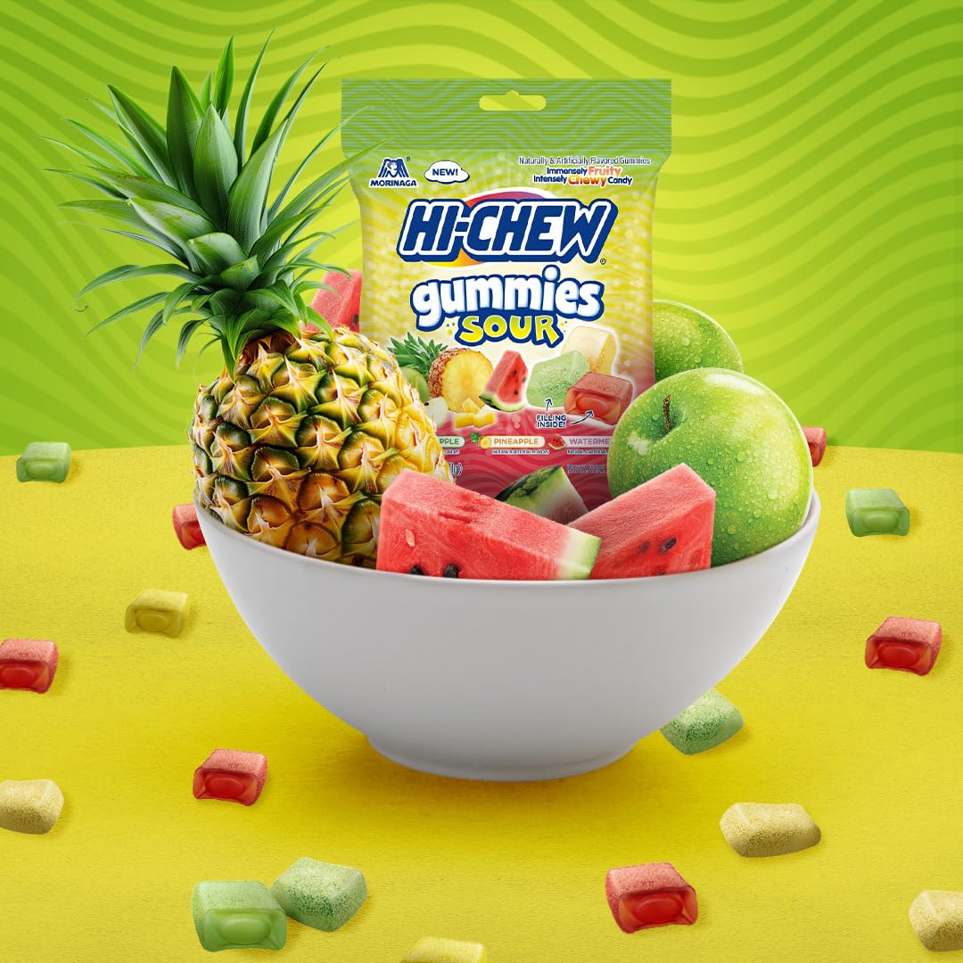 Hi-Chew Gummies Sour Candy Bag Of 9, 4.23 Oz Each, Green Apple Pineapple Watermelon Gummy Candy, Unique Fun Soft & Chewy, Immens