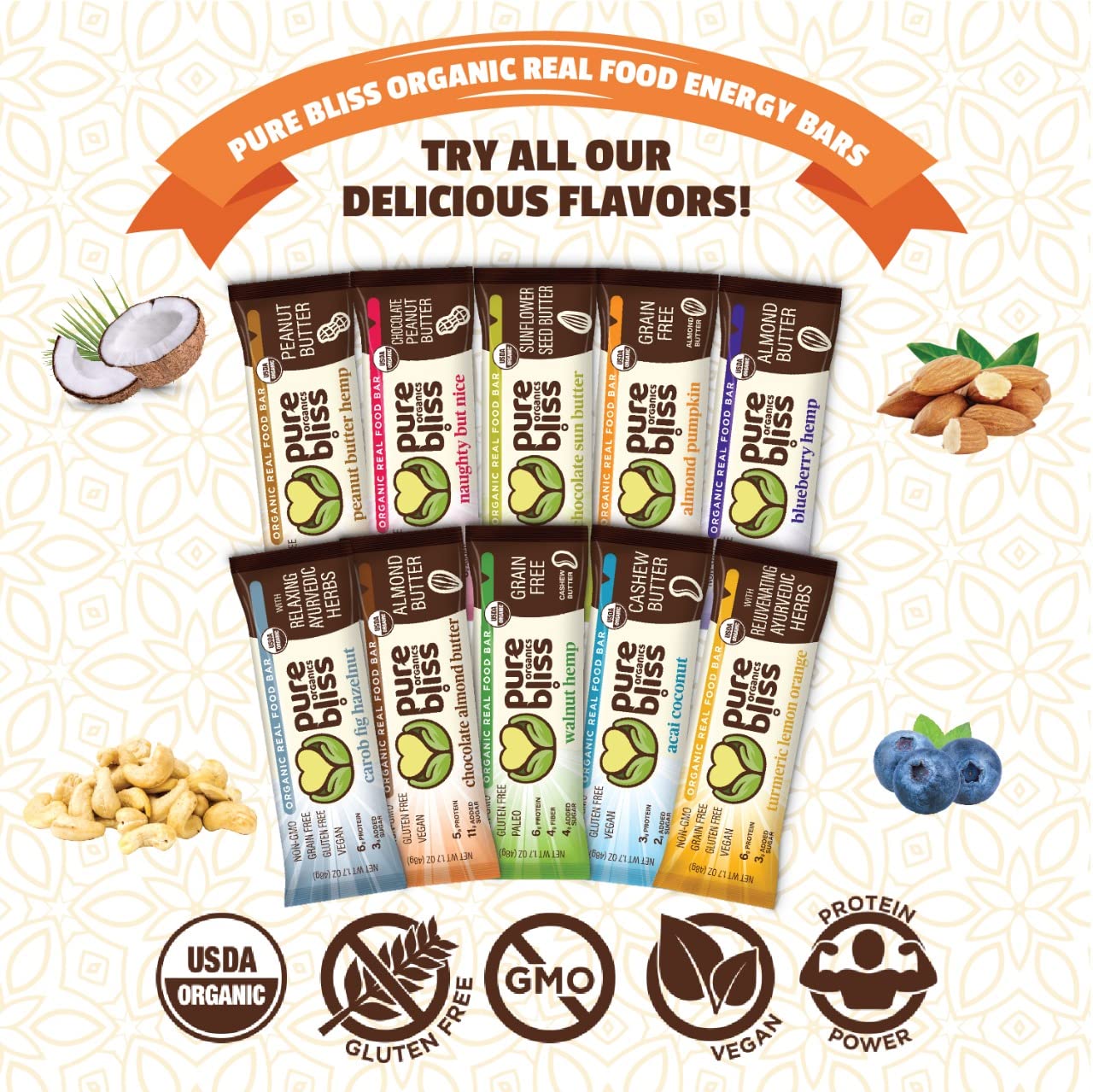 Organic Real Food Bars (Peanut Butter Hemp) Grain Free- Paleo Friendly - Non-GMO, Gluten Free, Vegan, Nutrition Bars, Super Food