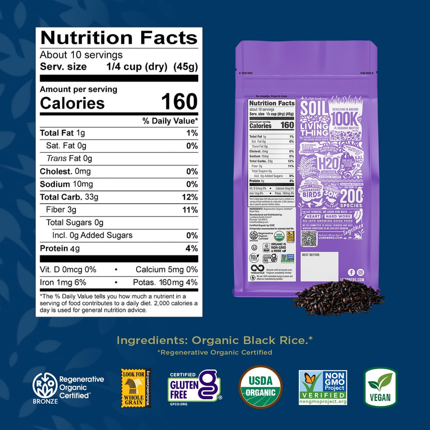 Lundberg Black Pearl Rice, Regenerative Organic Certified - Full-Bodied Black Rice, Responsibly Grown In California, 16 Oz