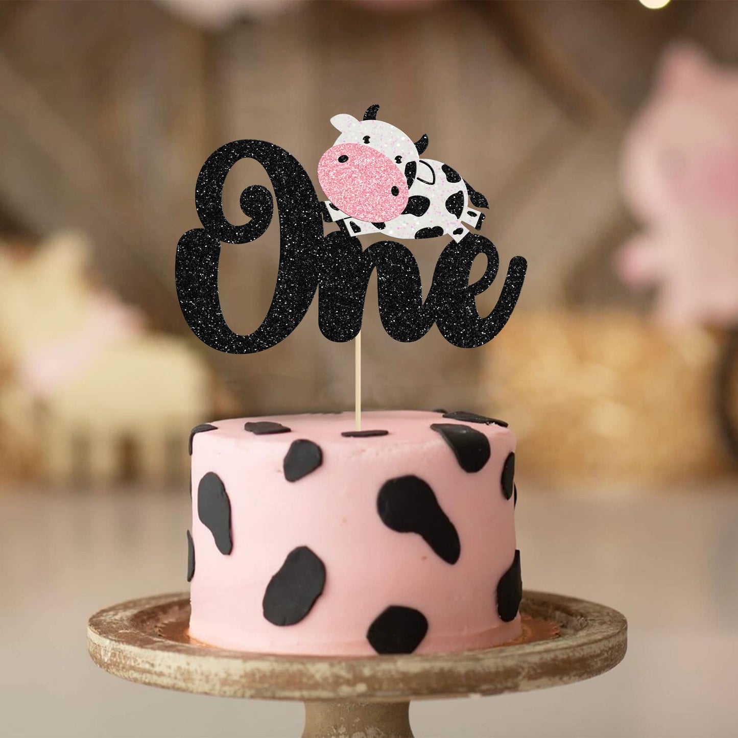 Gyufise 1Pc Cow One Cake Topper Glitter Farm Animals First Birthday Cake Topper Decorations For Baby Shower Kids Boys Girls 1St