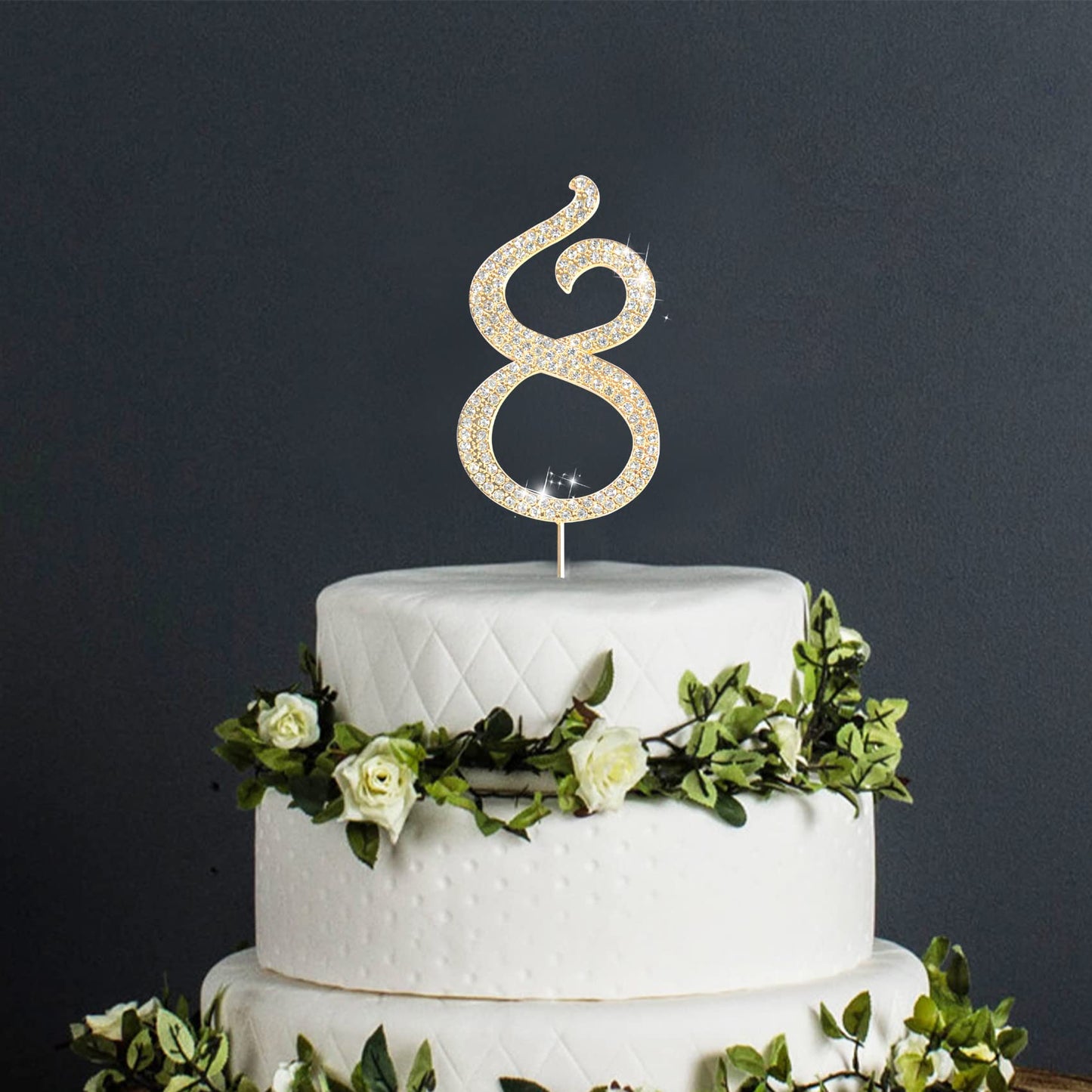 Number Cake Topper 8, Uniideco Gold Rhinestone Premium Metal Bling Bling Cake Decor, Sparkly Happy Birthday Wedding Anniversary