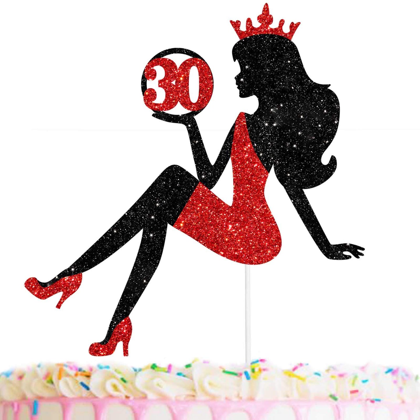 30 Red & Black Sitting Girl Silhouette Cake Topper Decorations With Glamour For Lady 30 Birthday Theme Queen Sexy Party Decor Su