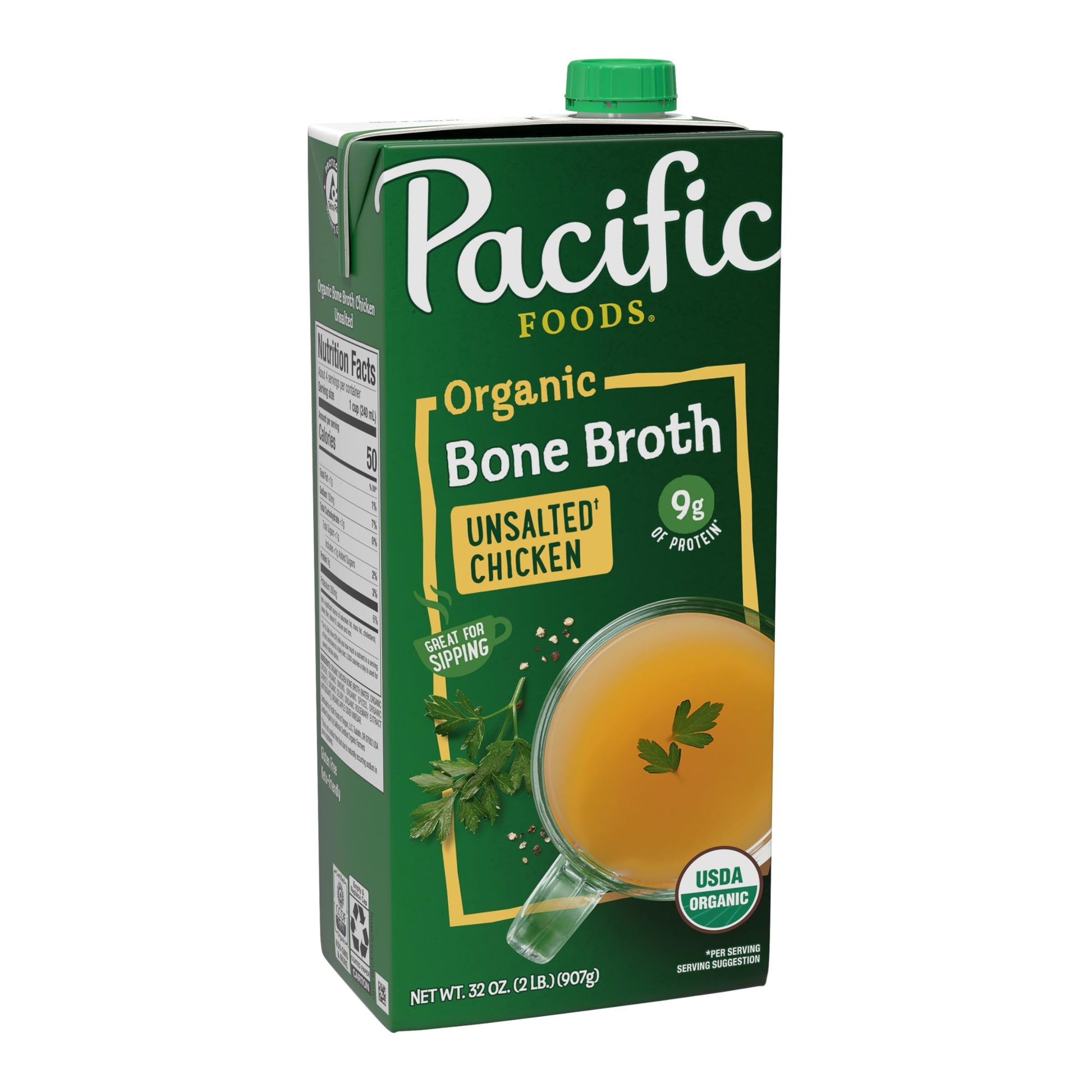 Pacific Foods Organic Chicken Bone Broth, Unsalted, 32 oz Carton