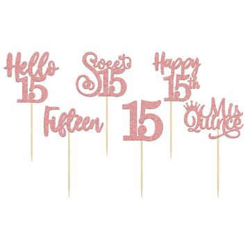 36Pcs Rose Gold Glitter 15Th Birthday Cupcake Toppers Hello 15 Sweet 15 Cake Topper Fifteen Happy 15Th Birthday Cupcake Picks Fo