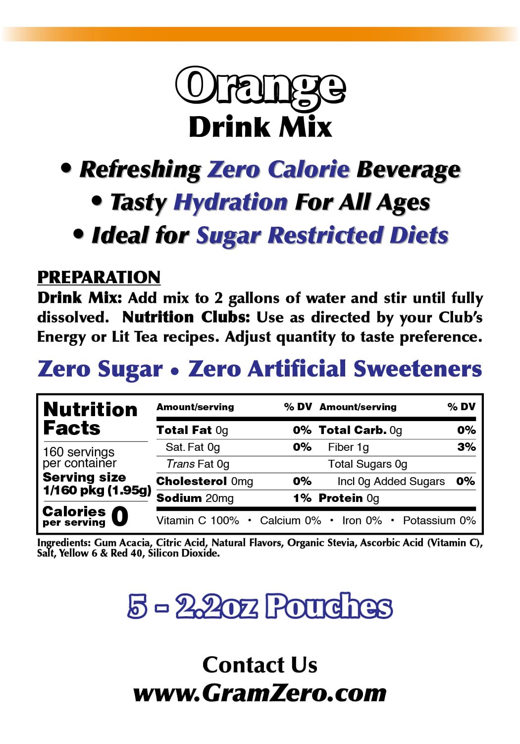 Gramzero Orange Sugar Free Drink Mix Sports Pack, Great For Nutrition Club Loaded Teas, Zero Calorie, Stevia Sweetened