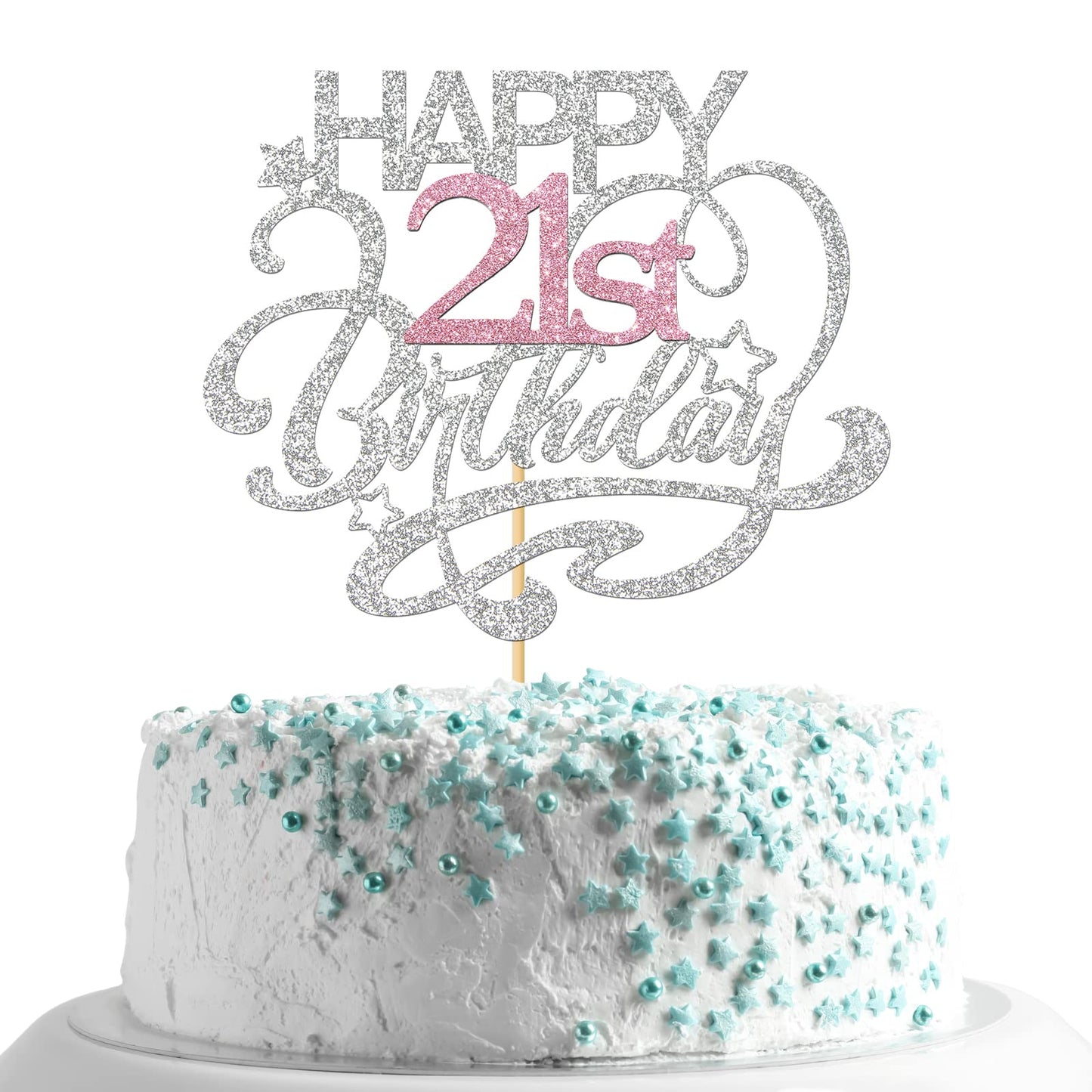 Monmon & Craft Happy 21St Birthday Cake Topper/Cheers To 21 Years/Girls 21St Birthday Party Decor Supplies - Silver & Pink Glitt