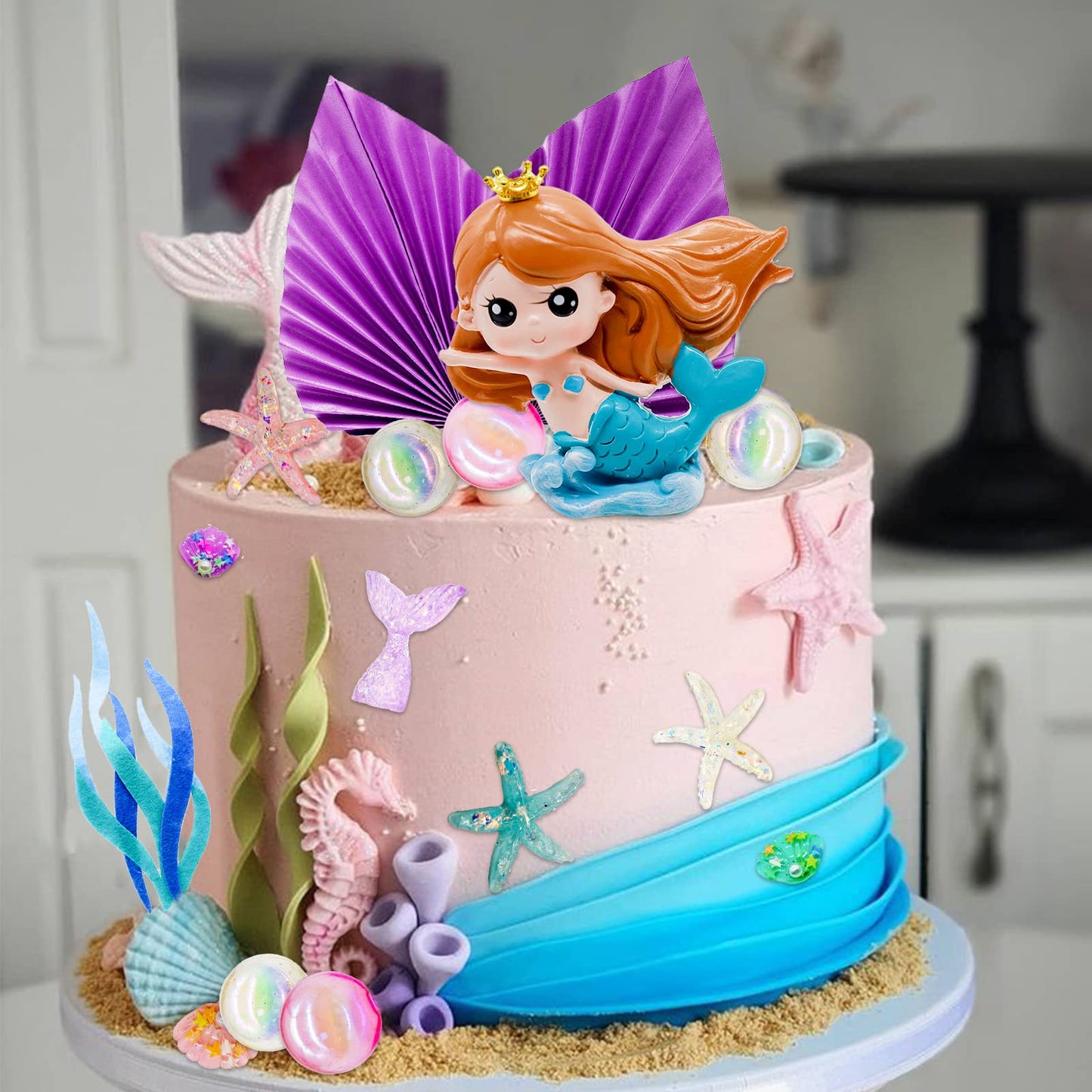 Lukinuo Mermaid Cake Toppers 24Pcs Little Mermaid Figurine Under The Sea Cake Topper Seaweed Palm Leaves Bubble Starfish Shell M
