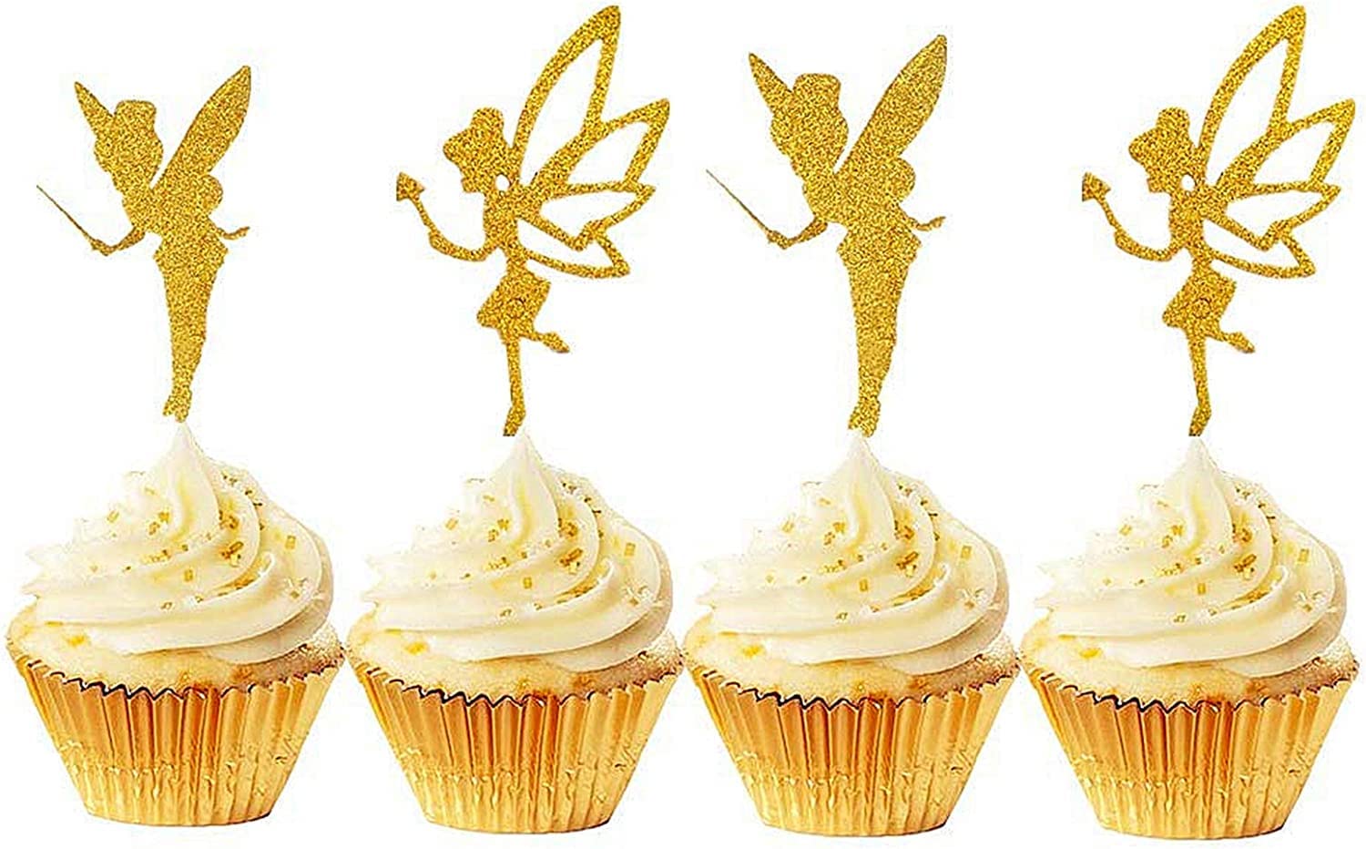 Jevenis 32Pcs Gold Glitter Fairy Cupcake Toppers Angel Cake Topper Ballet Cupcake Topper For Birthday Bridal Shower Baby Shower 