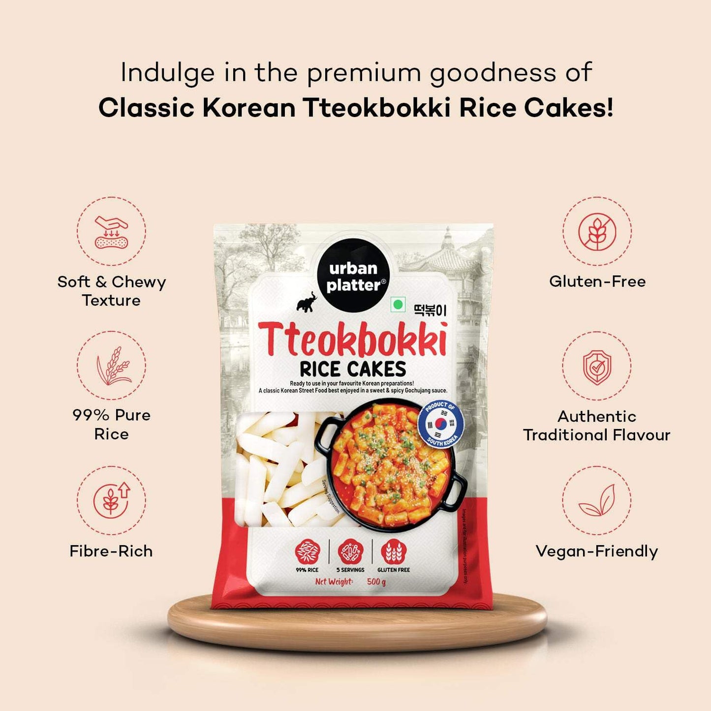 Urban Platter Korean Tteokbokki Rice Cakes, 17.64 Oz (500g), Vegan, Gluten-Free, Authentic Street Food