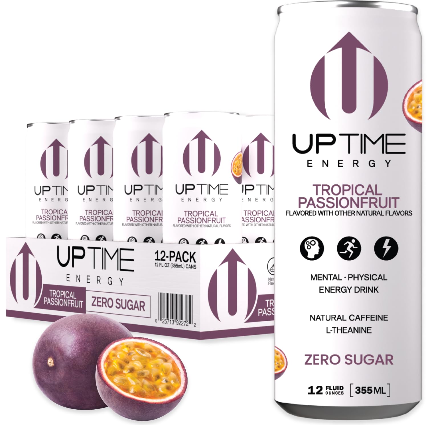 UPTIME Tropical Passionfruit Energy Drink - Zero Sugar, Natural Caffeine, 12oz Cans, Pack of 12