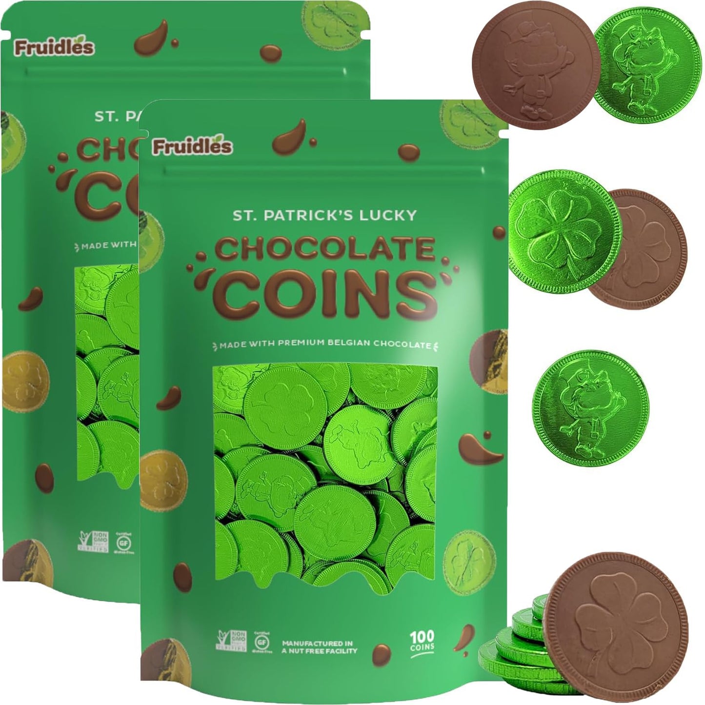 Fruidles Saint Patricks Day Chocolate Coins, Nut-Free Belgian Milk Chocolate, 200-Pack
